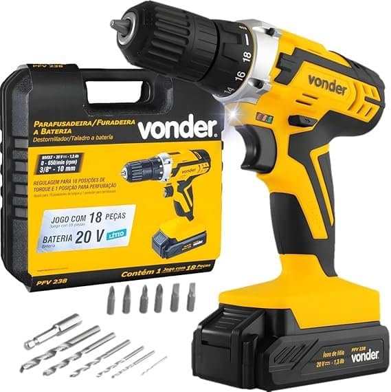 Vonder-Parafusadeira-Furadeira-A-Bateria-20-V-Fonte-De-Carregamento-Bivolt-Automatica-Pfv-238.jpg Vonder, Parafusadeira/Furadeira A Bateria, 20 V, Fonte De Carregamento Bivolt Automática, Pfv 238. - Imagem 1